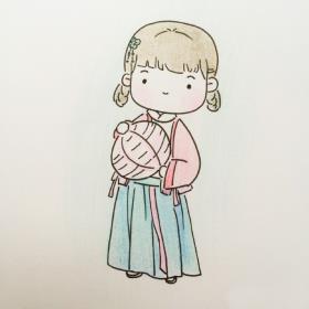 中国风汉服小女孩持扇插画