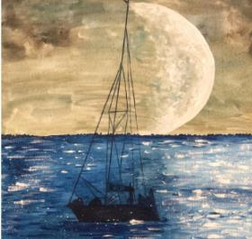 波光粼粼的月光小船水粉画