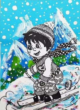 儿童水粉画·冬天到了，一起去划雪吧