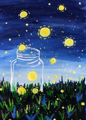 夜空下玻璃瓶中的萤火虫——创意儿童水粉画教程