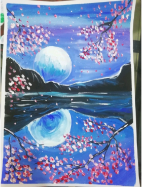 儿童创意水粉画：《山水之夜》