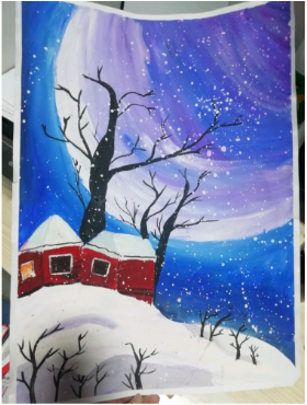 儿童水粉画：《月空下，雪的冬天》