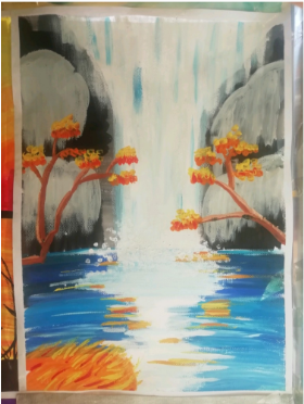儿童水粉画：《瀑布》