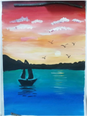 分享一幅儿童风景水粉画：《海上的帆船》，超美的