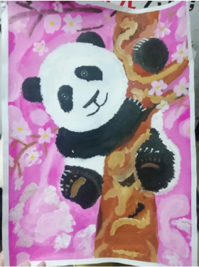 儿童创意水粉画：《树上的熊猫》