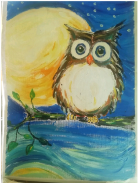 儿童水粉画：《夜空下猫头鹰》，超萌哦