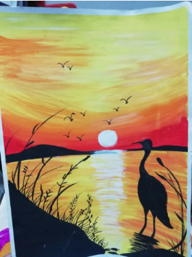 儿童水粉风景画：《夕阳下的仙鹤》