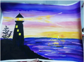 分享一幅儿童水粉画：《守望的灯塔》