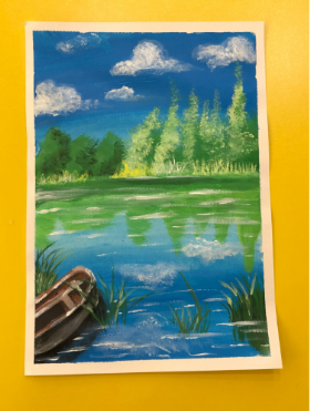 分享一幅儿童水粉画：《宁静的湖畔》