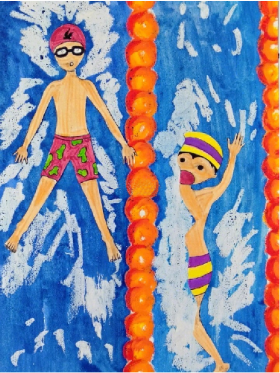 儿童创意水粉画：《游泳比赛》，战况激烈哦