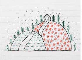 山顶上的小屋简笔画 红花绿树青草